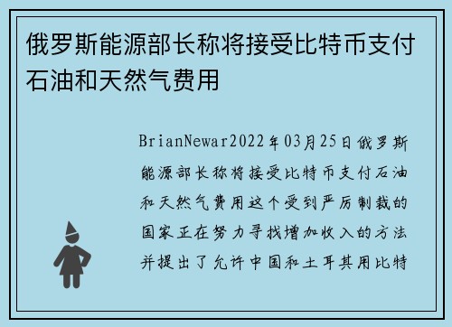 俄罗斯能源部长称将接受比特币支付石油和天然气费用 